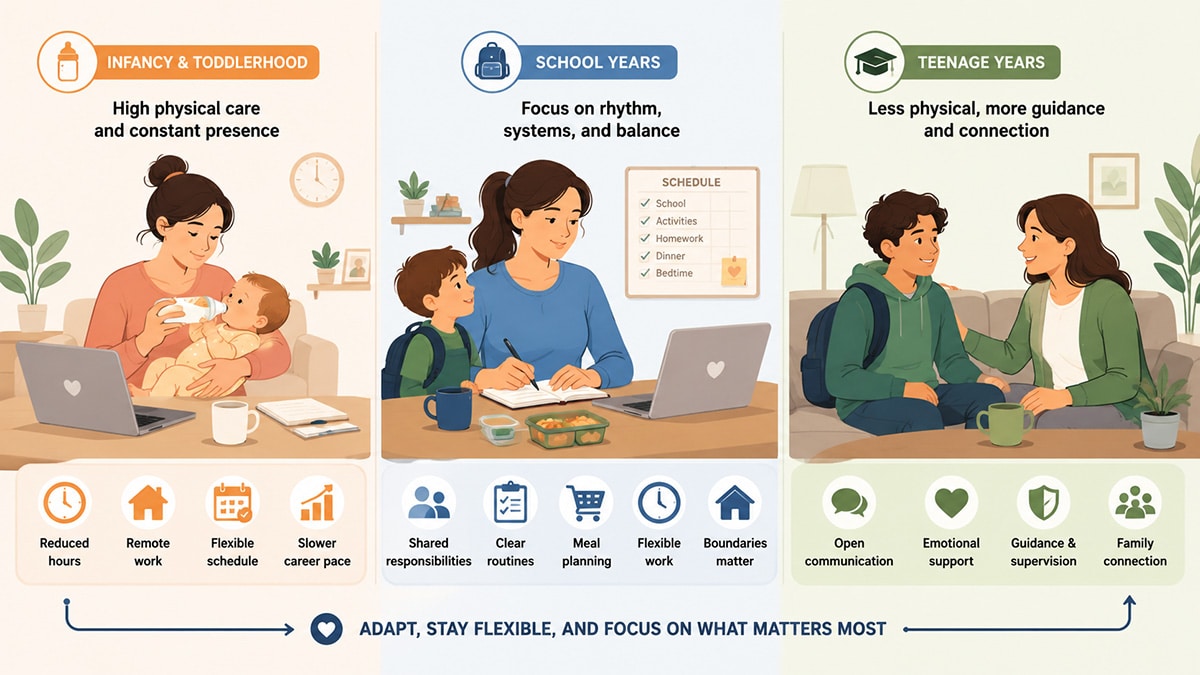Vector infographic showing a mother balancing work and family during infancy, school years, and the teenage years.
