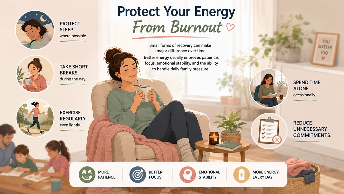 Illustration of a tired mother relaxing in a chair with self-care reminders about sleep, exercise, breaks, and reducing stress.