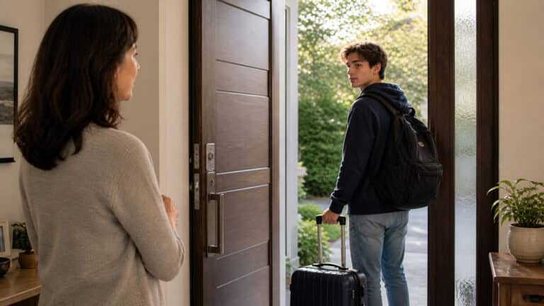 Young man with suitcase and backpack at the front door, looking back at his mother as he leaves for college